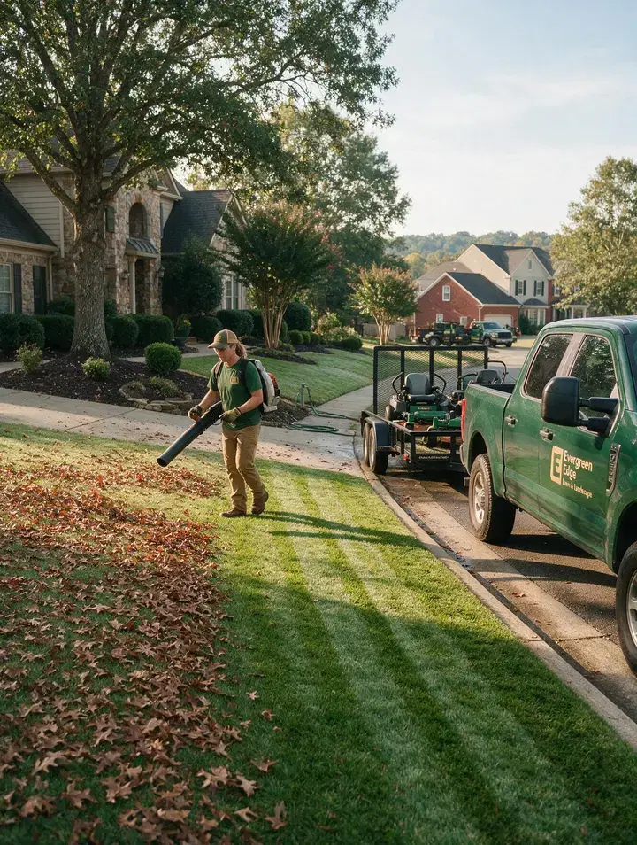 A lawn half covered in leaves and half freshly cleared and mowed