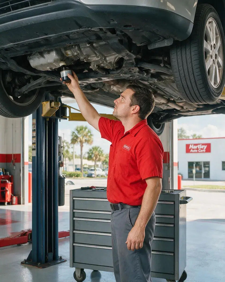 A technician draining oil beneath a lifted car