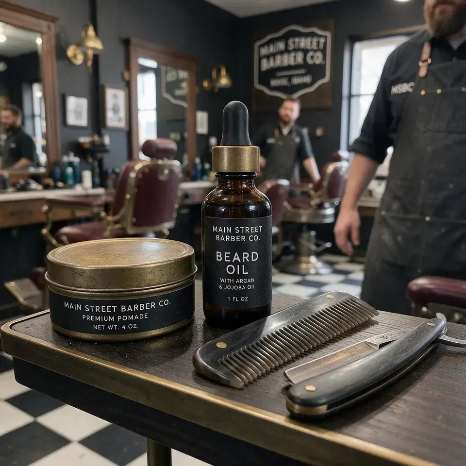 A brass tin of pomade and a bottle of beard oil on a shelf