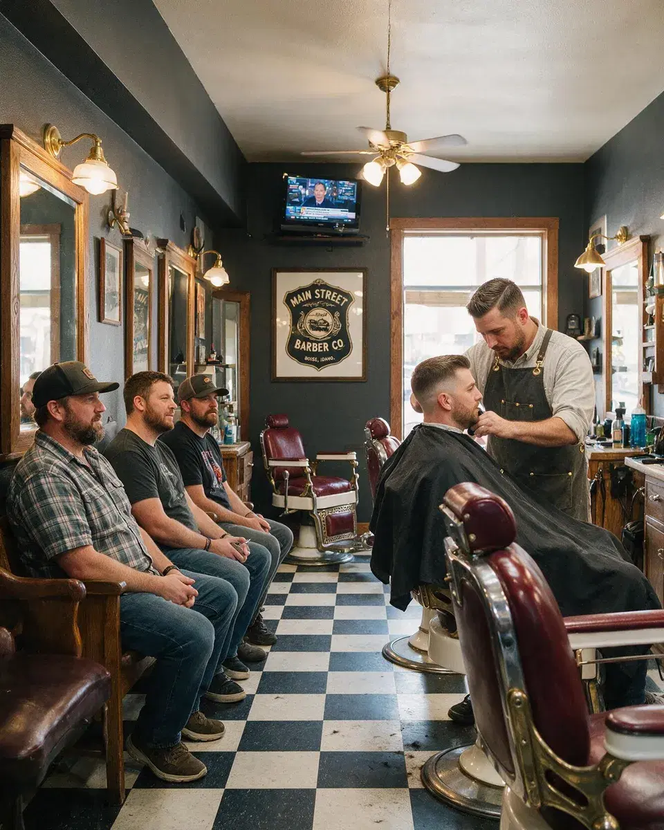 A line of customers waiting in a barbershop on a Saturday morning