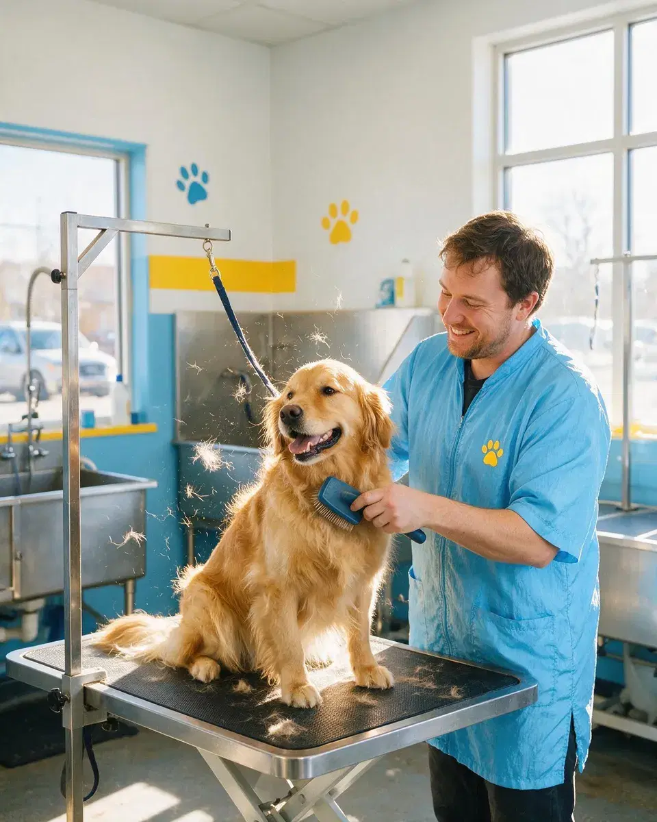 A groomer brushing a fluffy golden retriever