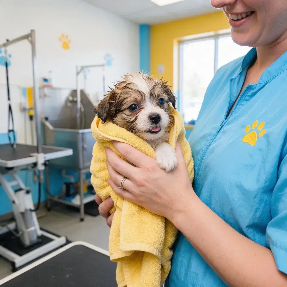 A small puppy wrapped in a towel after a bath