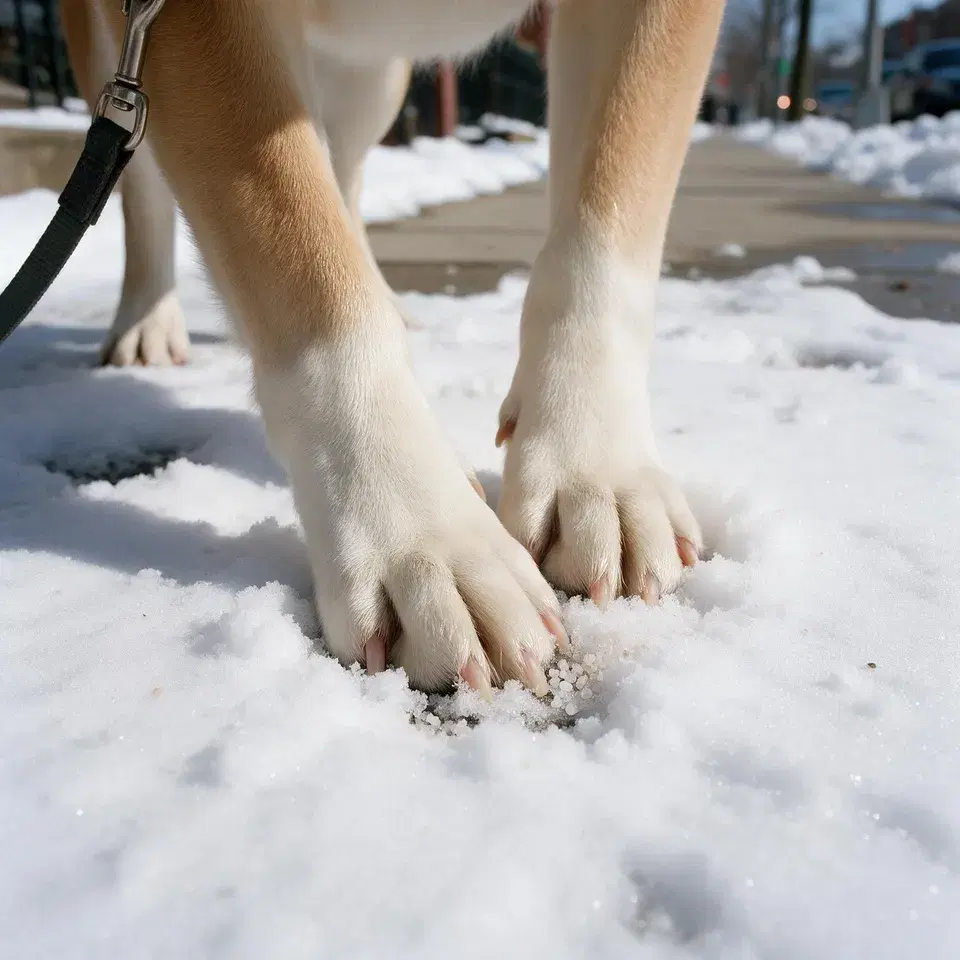 A dog's paws in fresh snow