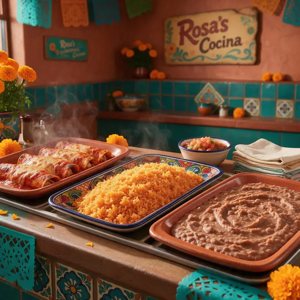Foil catering trays of enchiladas, rice and beans
