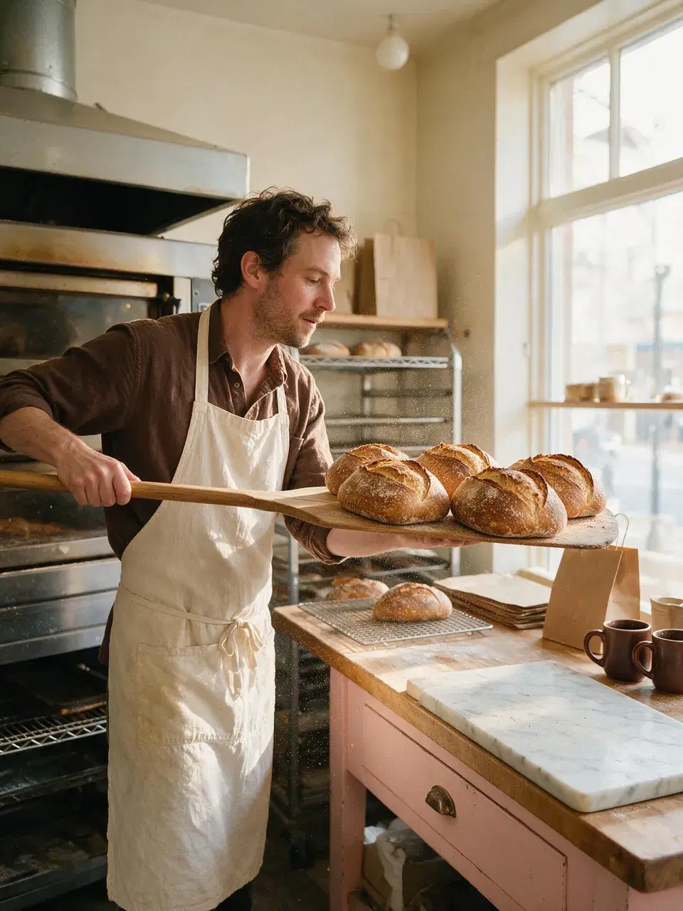Baker pulling sourdough loaves from a deck oven